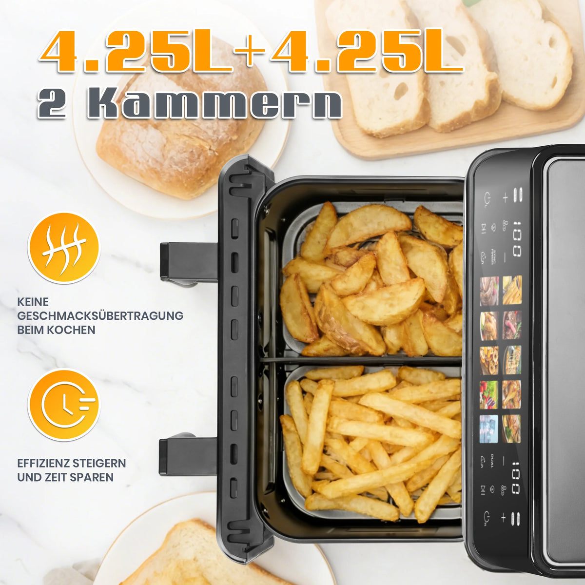 8.5L Air Fryer 2000W Dual Basket with Led Touch Viewing Window Oven 10 Programs Oil-Free Family-Friendly & Healthy