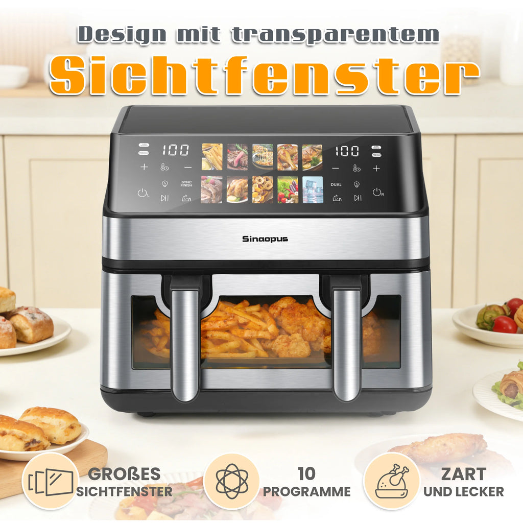 8.5L Air Fryer 2000W Dual Basket with Led Touch Viewing Window Oven 10 Programs Oil-Free Family-Friendly & Healthy