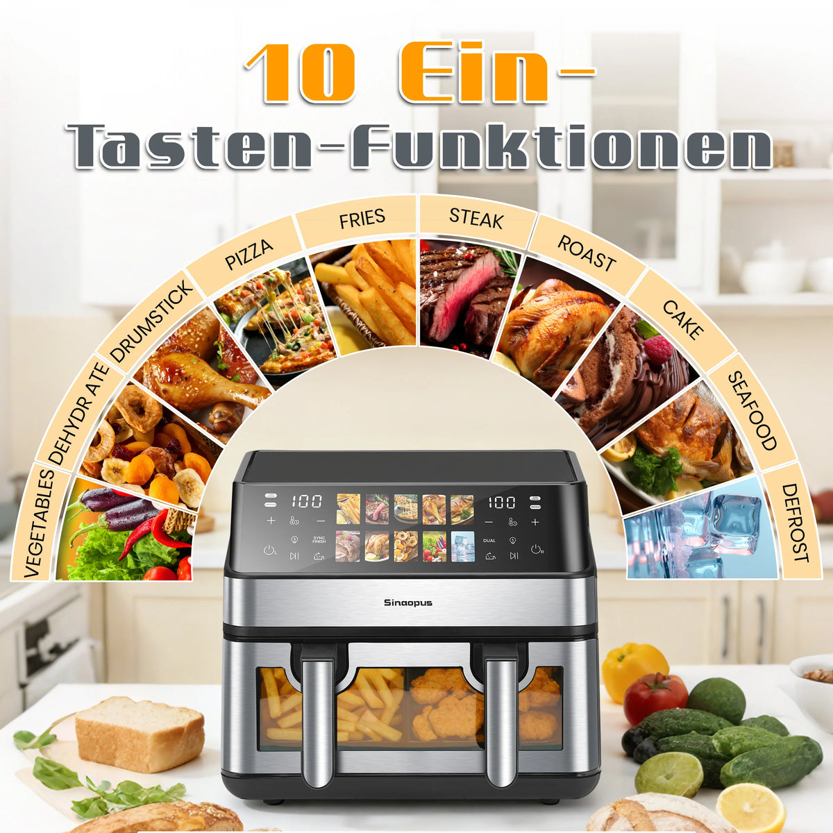 8.5L Air Fryer 2000W Dual Basket with Led Touch Viewing Window Oven 10 Programs Oil-Free Family-Friendly & Healthy