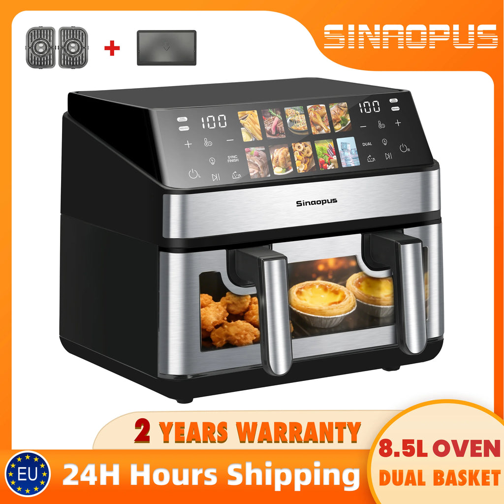 8.5L Air Fryer 2000W Dual Basket with Led Touch Viewing Window Oven 10 Programs Oil-Free Family-Friendly & Healthy