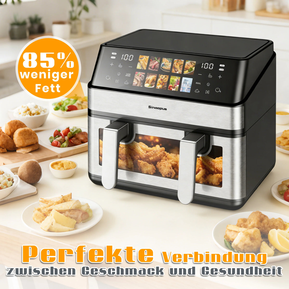 8.5L Air Fryer 2000W Dual Basket with Led Touch Viewing Window Oven 10 Programs Oil-Free Family-Friendly & Healthy