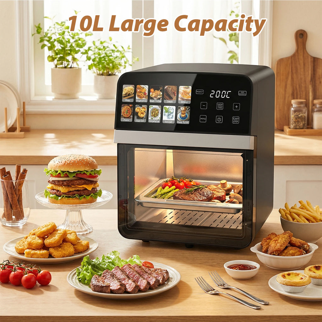 10L Air Fryer Oven, Oil Free Fryer with 11 programs, Hot Air Flow 360 ° Touch Screen, Healthy Cooking for Pizza, Chicken, Fries, Timer, Multifunction for All Family