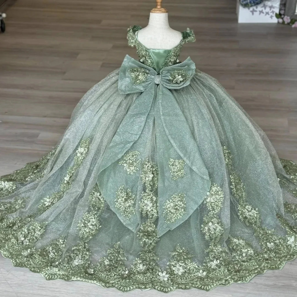 Customized Blue Flower Girl Dress For Wedding Floor Length Appliques Sequins With Bow Luxury First Communion Banquet Ball Gown
