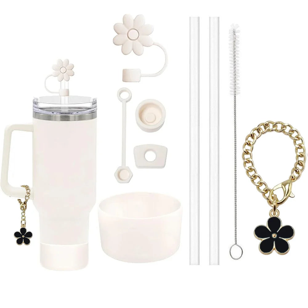 Set 9 Accesorii pentru Paharul Stanley - Capace Anti-Scurgere, Paie și Breloc Floare
