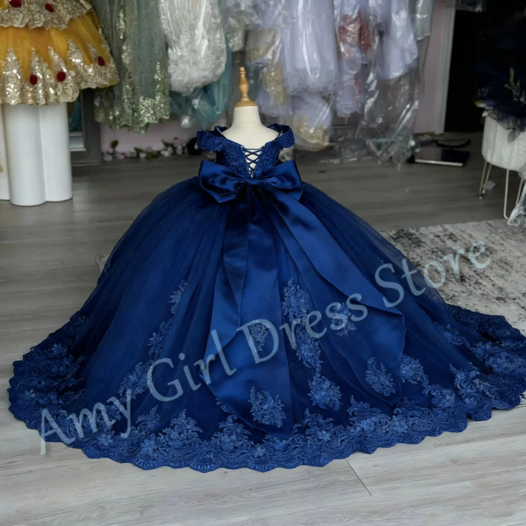 Customized Blue Flower Girl Dress For Wedding Floor Length Appliques Sequins With Bow Luxury First Communion Banquet Ball Gown
