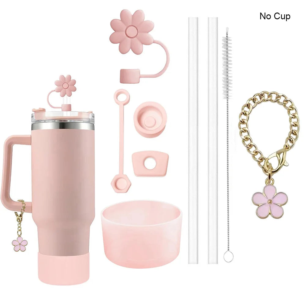 Set 9 Accesorii pentru Paharul Stanley - Capace Anti-Scurgere, Paie și Breloc Floare