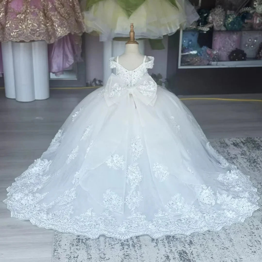Customized Blue Flower Girl Dress For Wedding Floor Length Appliques Sequins With Bow Luxury First Communion Banquet Ball Gown