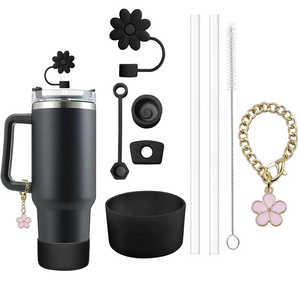 Set 9 Accesorii pentru Paharul Stanley - Capace Anti-Scurgere, Paie și Breloc Floare