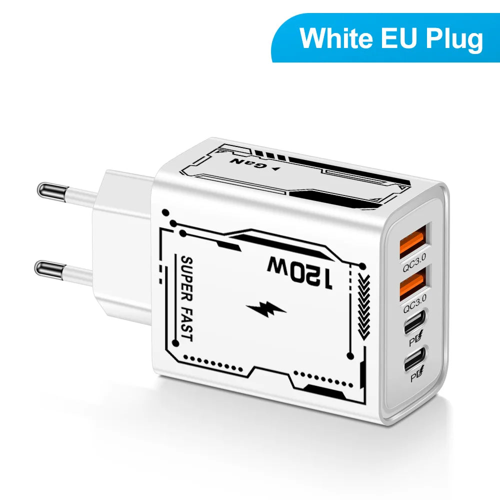 120W PD USB Charger Fast Charging Type C Mobile Phone Adapter For iPhone 15 Pro Samsung Quick Charge 3.0 EU/US Plug Wall Charger