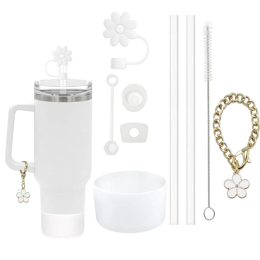 Set 9 Accesorii pentru Paharul Stanley - Capace Anti-Scurgere, Paie și Breloc Floare