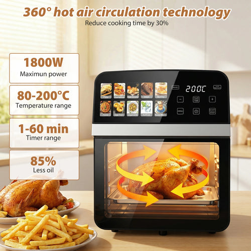 10L Air Fryer Oven, Oil Free Fryer with 11 programs, Hot Air Flow 360 ° Touch Screen, Healthy Cooking for Pizza, Chicken, Fries, Timer, Multifunction for All Family