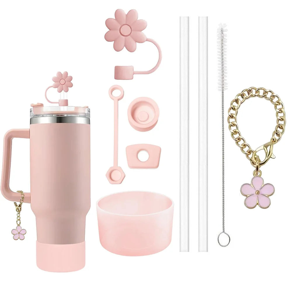 Set 9 Accesorii pentru Paharul Stanley - Capace Anti-Scurgere, Paie și Breloc Floare