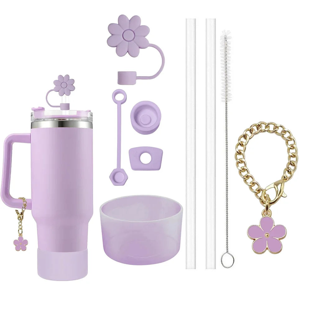 Set 9 Accesorii pentru Paharul Stanley - Capace Anti-Scurgere, Paie și Breloc Floare