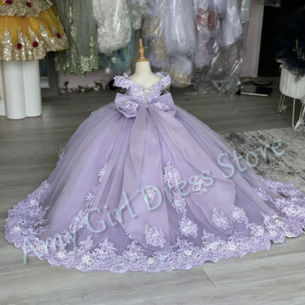 Customized Blue Flower Girl Dress For Wedding Floor Length Appliques Sequins With Bow Luxury First Communion Banquet Ball Gown