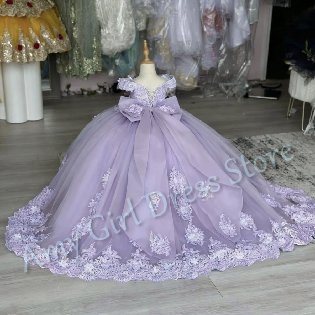Customized Blue Flower Girl Dress For Wedding Floor Length Appliques Sequins With Bow Luxury First Communion Banquet Ball Gown
