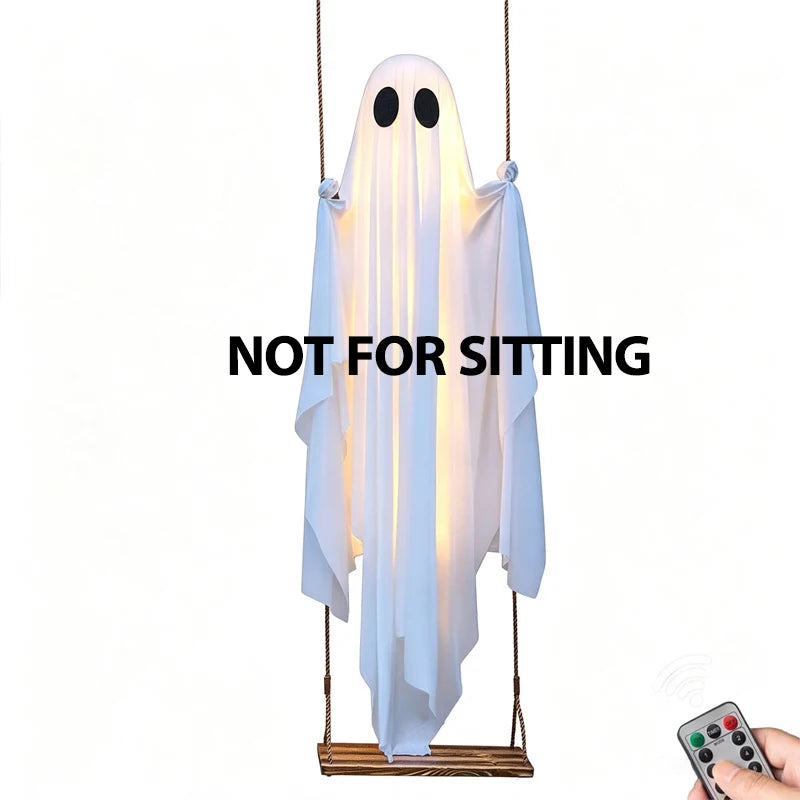 Hanging Swing Ghost Halloween Decoration Cute White Ghost with String Light Spooky Ghost Ornament for Porch Yard Trees