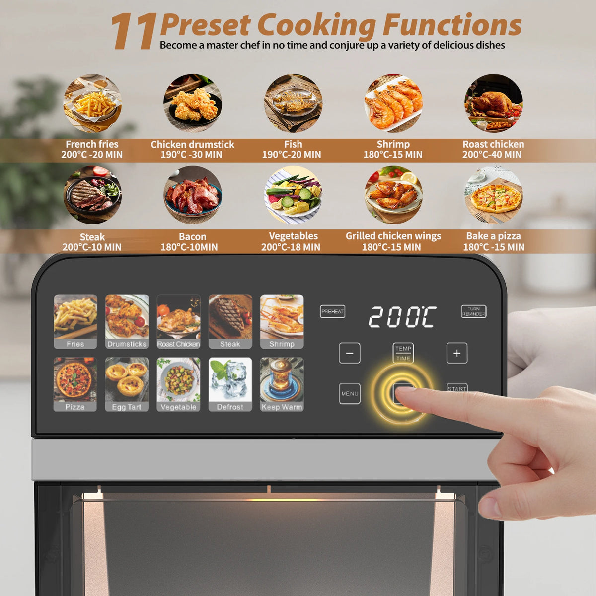 10L Air Fryer Oven, Oil Free Fryer with 11 programs, Hot Air Flow 360 ° Touch Screen, Healthy Cooking for Pizza, Chicken, Fries, Timer, Multifunction for All Family