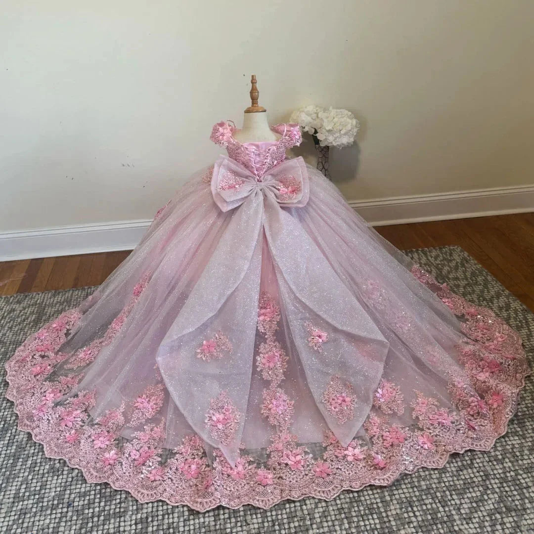Customized Blue Flower Girl Dress For Wedding Floor Length Appliques Sequins With Bow Luxury First Communion Banquet Ball Gown