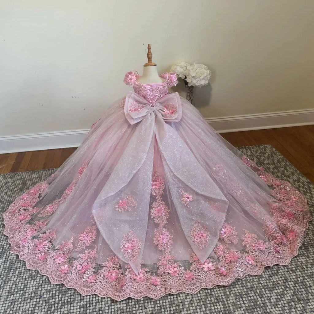 Customized Blue Flower Girl Dress For Wedding Floor Length Appliques Sequins With Bow Luxury First Communion Banquet Ball Gown