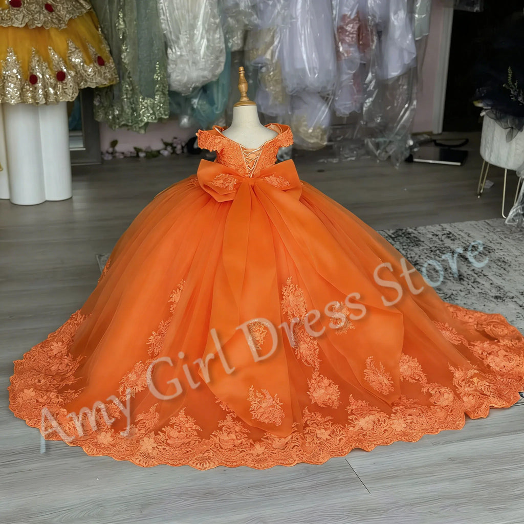 Customized Blue Flower Girl Dress For Wedding Floor Length Appliques Sequins With Bow Luxury First Communion Banquet Ball Gown