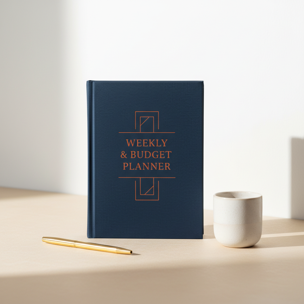 Budget & Weekly Planner – copertă navy cu accente teracotă
